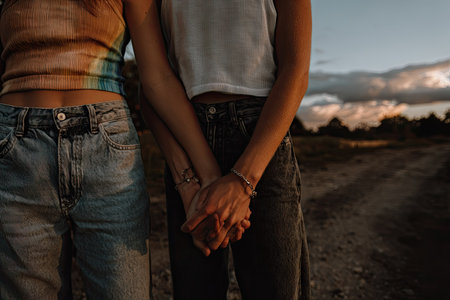 Two individuals stand closely together, holding hands in a gentle embrace, silhouetted against a beautiful sunset. The scene depicts a close-up of bodies wearing casual clothing. The composition captures the warmth of soft light. This image is suitable for various commercial uses, including promoting relationships or well-being.の素材
