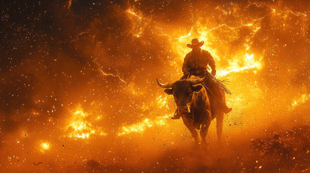 A cowboy rides a bull against a dramatic backdrop of swirling orange and yellow energy. The composition features strong visual contrast and dynamic lighting, creating a sense of action. Suitable for artistic endeavors, the image may find applications in editorial projects, advertisements, and various design contexts.の素材