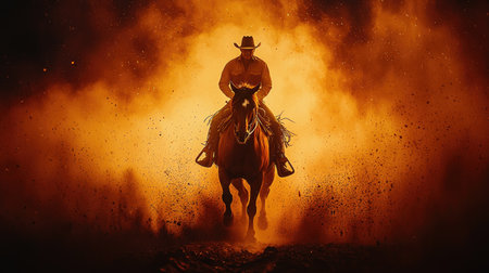 A cowboy rides a horse through a cloud of dust. The image presents a silhouette with strong backlighting, creating a dramatic and stylized effect. Warm tones of orange and yellow dominate the scene. This image could be used for various commercial or editorial projects related to the American West.の素材
