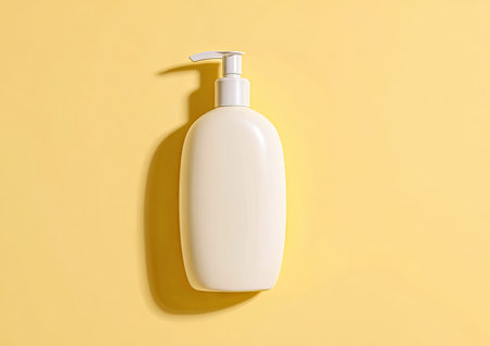 A close-up shot presents a creamy white liquid soap dispenser centered against a bright yellow background. The smooth, rounded form of the bottle and its pump mechanism suggest a modern design. Strong overhead lighting casts distinct shadows, enhancing the visual depth of the composition. This image could be used for various commercial applications.の素材