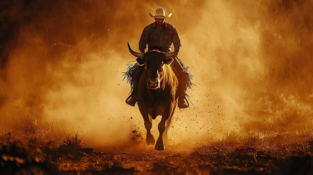 A cowboy rides a bull, captured in a dynamic scene with motion and dust effects. The image features warm, earthy tones, strong backlighting, and a central composition. This photograph is suitable for various commercial uses, including advertising and editorial content. The focus is on the action and the relationship between the rider and animal.の素材