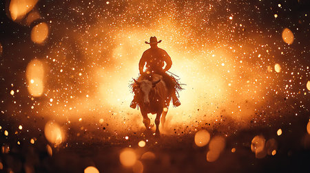 A silhouette of a cowboy rides a horse, illuminated against a backdrop of glowing light and sparks. The image displays a dramatic composition with a warm color palette. This striking visual could be suitable for promotional materials or editorial content.の素材