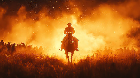 A silhouette of a cowboy on horseback is featured, set against a vibrant orange and yellow backdrop, likely at dusk. The image showcases a backlit composition with strong contrasts, a dramatic sky, and indistinct figures in the background. It is suitable for use in various media projects.の素材