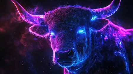 A digital illustration presents a powerful bull, illuminated with vibrant neon colors against a dark background. The artwork features dynamic lighting and visual effects, creating a dramatic atmosphere. This image could be used for various commercial projects, including advertising or editorial content, emphasizing themes of strength.の素材