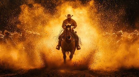 A cowboy rides a horse through an explosion of golden dust illuminated by a strong light source. The image exhibits a dramatic composition with backlighting and a warm color palette. This striking visual could be suitable for promotional material, editorial content, and various design projects requiring a bold aesthetic.の素材