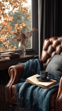 An inviting interior scene features a leather armchair next to a window overlooking a blurred outdoor scene. A blue blanket and open book rest on the chair, with a cup of coffee nearby. The composition uses warm lighting and muted colors, suggesting comfort. This image could be used for lifestyle, home decor, or relaxation-themed projects.の素材