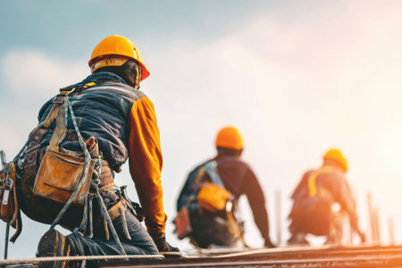 Construction workers are seen working outdoors, wearing hard hats and safety equipment. The image features a bright, sunny day, with a clear sky in the background. The composition shows figures in profile, with a focus on their attire and equipment. Suitable for commercial and editorial applications.の素材