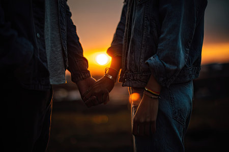 Two individuals hold hands, silhouetted against a radiant sunset. The warm-toned sky illuminates the scene, creating a sense of intimacy. The photograph's composition emphasizes the connection between the subjects. This image could be used for various purposes including marketing and editorial content.の素材
