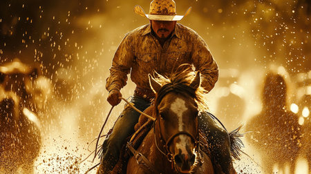 A cowboy rides a horse, captured in a dramatic, sunlit scene. The image features warm tones and a dynamic composition. The focus is on the action of riding, suitable for editorial and commercial use. This scene evokes a feeling of the American West.の素材