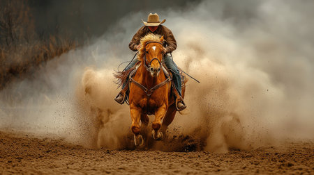 A cowboy rides a horse, creating a large dust cloud. The image showcases the rider and animal in motion. Earthy tones dominate, with the composition highlighting action and energy. This photo is suitable for a variety of uses, including editorial and commercial projects that require dramatic visual elements.の素材