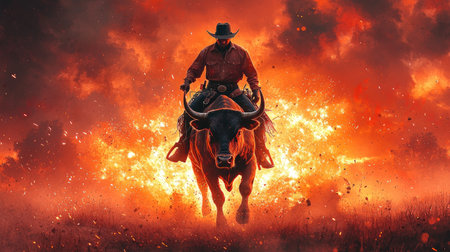 A cowboy rides a bull against a dramatic backdrop of fire and smoke. The artwork features bold colors with a focus on red and orange hues. The style appears illustrative, suggesting a scene of action or conflict, potentially useful for editorial and commercial projects.の素材