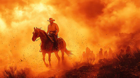 A cowboy rides a horse through an orange dust storm, silhouetted against a setting sun. The image features a dynamic composition with a focus on action and movement, with a warm color palette. This could be used for various projects needing a dramatic and evocative western visual.の素材