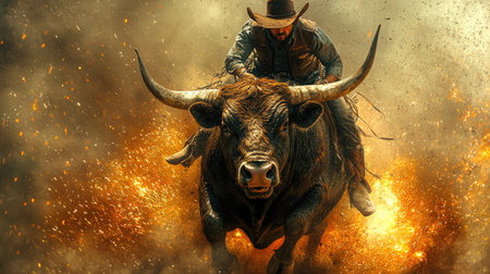 A cowboy rides a bull in a dynamic action shot with a dramatic, cinematic style. The image showcases a male figure atop a massive bull, with sparks and smoke adding to the energetic composition. Rich colors and textures create a compelling visual, suitable for various commercial or editorial uses.の素材