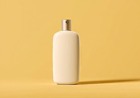 A cream-colored cosmetic bottle is displayed against a yellow backdrop. The image features soft lighting and a minimalist composition. The product is likely designed for skin care. This image would be suitable for beauty, wellness, and advertising materials.の素材