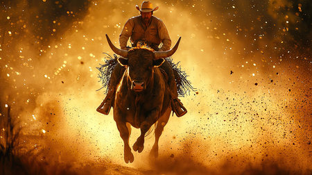 A cowboy rides a bucking bull in an action shot. The composition emphasizes the dynamic action and the interaction between the rider and the animal. Warm tones of gold and brown suggest a setting outdoors, possibly at sunset or sunrise. The image has potential for commercial or editorial applications related to sports or lifestyle.の素材