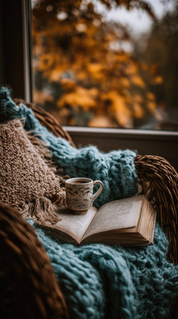A close-up captures a cup of coffee resting on an open book. The composition features a comfortable chair adorned with a textured blanket. Warm light filters through a window, illuminating the scene. This image is suitable for various commercial purposes, including lifestyle and home decor projects.の素材