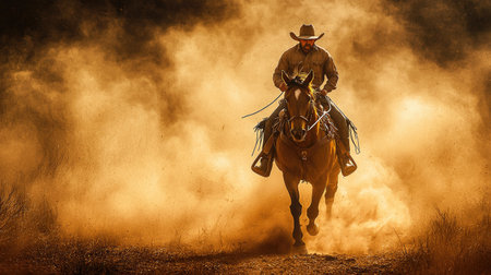 A cowboy rides a horse through a cloud of dust. The image presents warm tones and atmospheric perspective. The composition emphasizes the action and dynamic movement. This image is suitable for various editorial and commercial applications, including advertising and illustrative projects.の素材