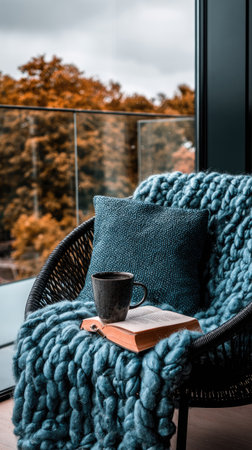 An inviting outdoor scene shows a chair adorned with a soft blue blanket and a small book, with a dark mug resting atop it. The scene showcases an open book, and the colors are a mix of blue, brown, and green, suggesting a serene atmosphere. Suitable for use in lifestyle or editorial materials.の素材