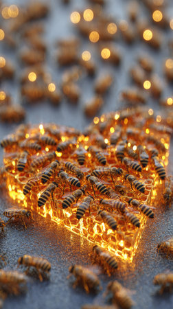 Numerous bees populate an illuminated honeycomb structure, creating a visually interesting arrangement. Warm lighting highlights the details of the insects and the hexagonal pattern. The image presents a close-up perspective, emphasizing texture and detail with a slightly blurred background. It could be useful in educational or commercial projects.の素材