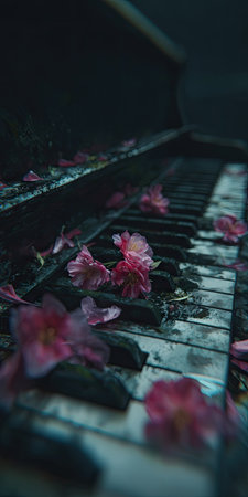An aged piano keyboard is the focal point, adorned with delicate pink flower petals. The image utilizes shallow depth of field, emphasizing the textured keys. Dark, moody lighting creates a somber ambiance, suggesting an indoor setting. Suitable for various editorial and commercial applications.の素材