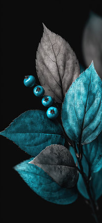 An artistic close-up reveals glossy blue berries nestled amongst vividly colored leaves. The composition highlights textures and tones, employing high contrast against a dark background. This image provides potential uses for design projects, editorial illustration, or graphic design elements. The botanical theme is suitable for various applications.の素材