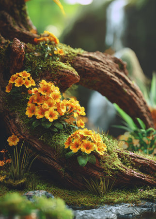 This image showcases a close-up of bright yellow flowers blooming on a textured, weathered wooden surface. The composition features a natural aesthetic with lush green moss and foliage. Ideal for various creative projects, this image could be suitable for editorial or commercial applications, highlighting the beauty of nature.の素材