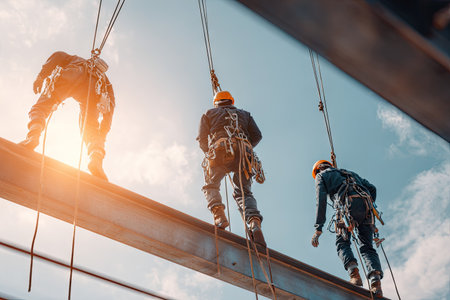 Three construction workers are rappelling on a metal beam, utilizing safety equipment. They are seen from a low-angle perspective, emphasizing the height and the sky in the background. The image presents a color palette of blues and browns with strong sunlight. Suitable for a variety of commercial and editorial purposes.の素材