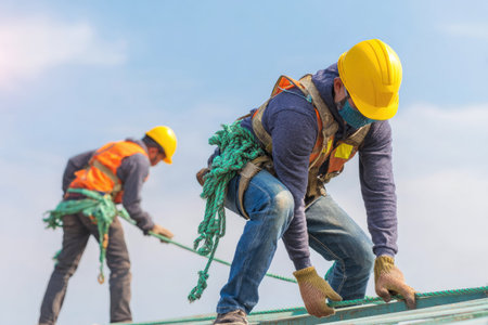 Two construction workers are seen on a rooftop, engaged in roofing work. They wear safety helmets and harnesses, and are connected by ropes. The scene features bright daylight with a clear blue sky. The visual suggests outdoor work, suitable for illustrating safety, construction, or related topics.の素材