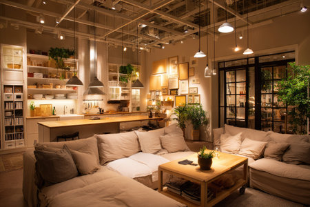 A well-lit living space featuring a modern sofa, wooden coffee table, and various decorative elements. The room showcases a harmonious blend of textures and colors, illuminated by warm lighting. This image could be used for interior design articles, home decor advertising, or lifestyle publications.の素材