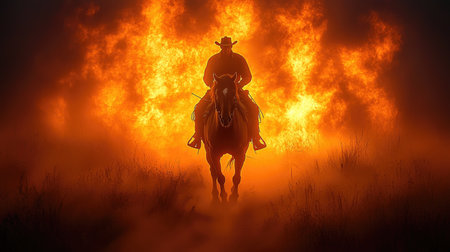 A silhouette of a cowboy rides a horse against a backdrop of intense flames. The composition uses dramatic lighting and strong contrast, with warm orange and yellow hues dominating the scene. The image presents a visual narrative, possibly suitable for editorial use or creative commercial projects.の素材