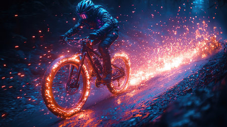 A cyclist rides a mountain bike illuminated by vibrant orange and red sparks. The image displays a dynamic action shot with a dark background creating a dramatic contrast. The composition highlights the cyclist's movement and the sparks, possibly suggesting a night setting. Suitable for various editorial and commercial applications.の素材