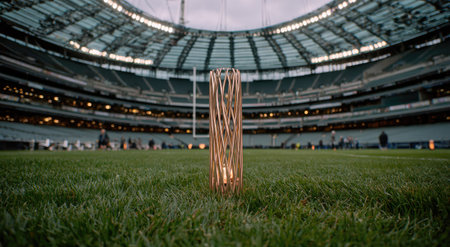 A cylindrical decorative structure stands on a stadium's grassy field. The image displays a well-lit, low-angle shot, showcasing the texture of the green grass and the stadium's architecture in the background. This visual could be utilized for various commercial and editorial projects.の素材