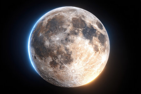 This image showcases a detailed view of the full moon, displaying its textured surface and craters. The celestial body is contrasted against a deep black background, with gradients of light defining its form. This image could be used for scientific illustrations, educational materials, or various creative projects.の素材
