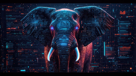 An elephant is presented with glowing blue eyes and a network of digital patterns across its form. The artwork features vibrant colors and detailed textures, with a digital aesthetic. The background is composed of a matrix of data. Suitable for various design and illustration purposes.の素材
