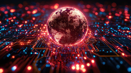 A digital globe is centrally positioned, enveloped by glowing circuit board pathways and lights. The image showcases predominantly red and blue hues, creating a futuristic aesthetic. The composition emphasizes depth, with blurred elements in the foreground and background. This visual could be used in various commercial applications related to technology or data.の素材