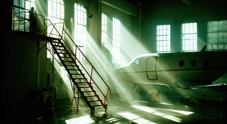 An interior shot features an aircraft positioned near stairs. Bright sunlight streams through the windows, creating dramatic lighting effects. The scene is dominated by strong shadows and highlights. This image can be used for commercial projects, editorial content, and various design applications, highlighting aviation concepts.の素材