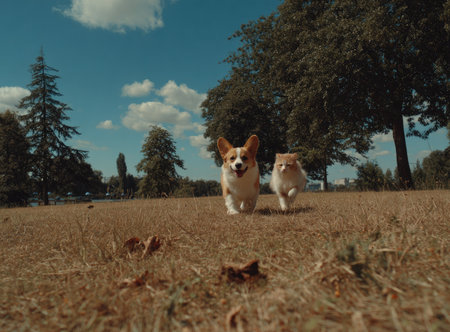 A dog and a cat are captured running through a grassy field under a sunny, blue sky. The scene is lit by natural daylight, highlighting the animals and the textures of the grass. This image could be used for various commercial projects and editorial content related to pets and animals.の素材