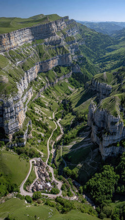 An aerial perspective captures a deep canyon featuring stratified rock formations and vibrant green vegetation. The composition highlights a winding road through the valley. The image displays a high-angle view with ample natural sunlight, suggesting potential uses in travel and landscape publications, as well as environmental content.の素材