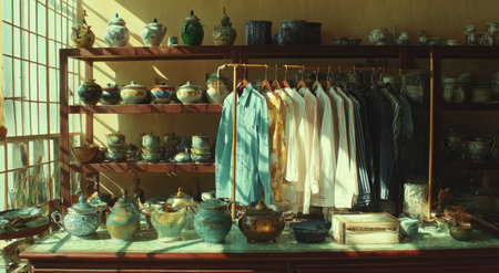 An interior shot features a display of clothing hanging on a rack alongside a collection of ceramic pottery. The scene exhibits a vintage style with warm tones and natural light streaming through a window. This setup might be suitable for editorial content or commercial uses related to fashion or interior design.の素材