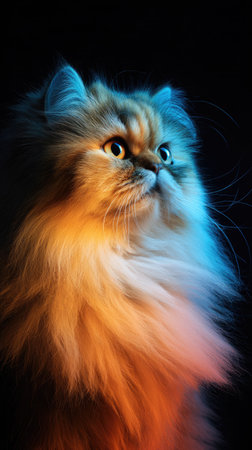 This image features a detailed portrait of a fluffy cat, illuminated with dramatic studio lighting. The cat's fur displays a gradient of colors, ranging from orange to blue against a dark background. The composition highlights the cat's features, suitable for various design projects and commercial applications.の素材