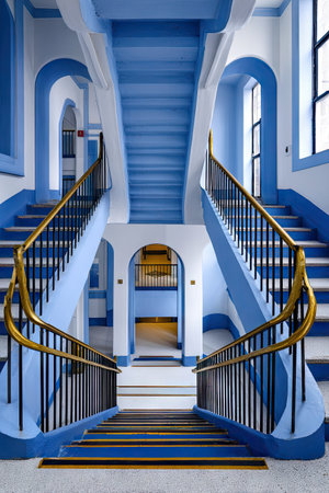 An interior shot reveals a grand staircase with symmetrical design. Blue paint covers walls and stairs, complemented by gold railings. Natural light floods the space, enhancing the linear composition. This image suits various commercial uses, including architectural publications and design projects.の素材
