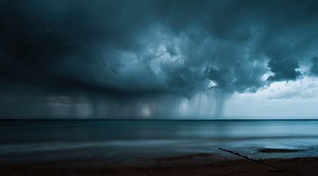 An image captures a coastal scene dominated by a vast, imposing display of dark storm clouds. Heavy rainfall descends towards the ocean surface, creating a stark contrast against the calm water. The composition highlights the raw power of nature, suitable for commercial or editorial applications.の素材
