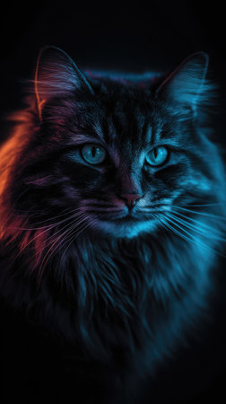 A close-up portrait presents a domestic cat with long fur, highlighted by vibrant blue and orange lighting. The cat's teal eyes offer a contrast to the black background. This image showcases a soft, textured quality, ideal for commercial projects or editorial use focusing on animals.の素材