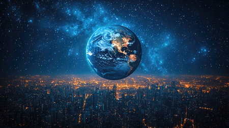 An artistic depiction presents planet Earth illuminated by city lights, set against a dark, star-filled cosmic background. The composition features a vibrant color palette, with bright city glows contrasting the dark blue and deep space hues. This image is suitable for various commercial purposes, including editorial and promotional content.の素材