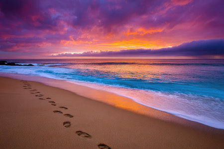 Footprints lead across a sandy beach towards the ocean under a vibrant, multicolored sunset. The image features a bright, dynamic sky with shades of purple, orange, and blue reflecting on the water. The composition is a wide shot, highlighting the vastness of the sea and sky, suitable for commercial or editorial applications.の素材