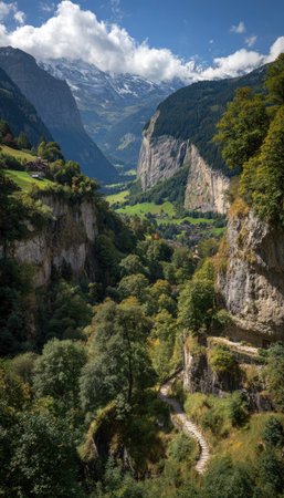 This scenic landscape features a deep valley surrounded by tall mountains and cliffs. Lush green trees and vegetation cover the slopes. The composition showcases a winding pathway. This image displays natural beauty and can be used for various projects needing picturesque imagery.の素材