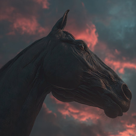 A dark horse profile is set against a vibrant sky of pink and red hues, creating a dramatic contrast. The image highlights the horse's textured skin, featuring a side profile with a focus on its eye. This image could be used for various commercial or editorial applications.の素材
