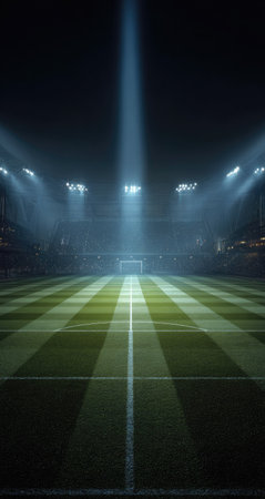 An empty football stadium is bathed in dramatic lighting. The focus is on the green and white striped field, with a goal visible in the distance. The scene is illuminated by strong spotlights, creating a moody atmosphere. This image could be used for various commercial or editorial projects relating to sports or events.の素材