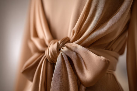 This image features a close-up of a beige fabric, meticulously knotted. The texture appears smooth and flowing, with folds and shadows adding depth. The composition focuses on the knot as the central element, possibly suggesting a garment or textile detail. This image could be suitable for various design, fashion, or editorial projects.の素材