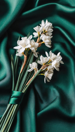A close-up captures a delicate bouquet of white flowers, tied with a green ribbon, set against a backdrop of deep emerald silk. The fabric's folds create a dynamic texture, contrasting with the smooth petals. Soft lighting illuminates the scene, hinting at indoor setting, suitable for various editorial and commercial applications.の素材